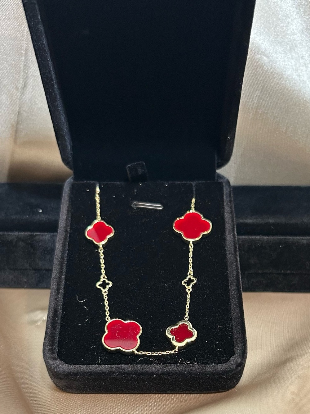 Gold-Tone Necklace with Red Clover Motifs